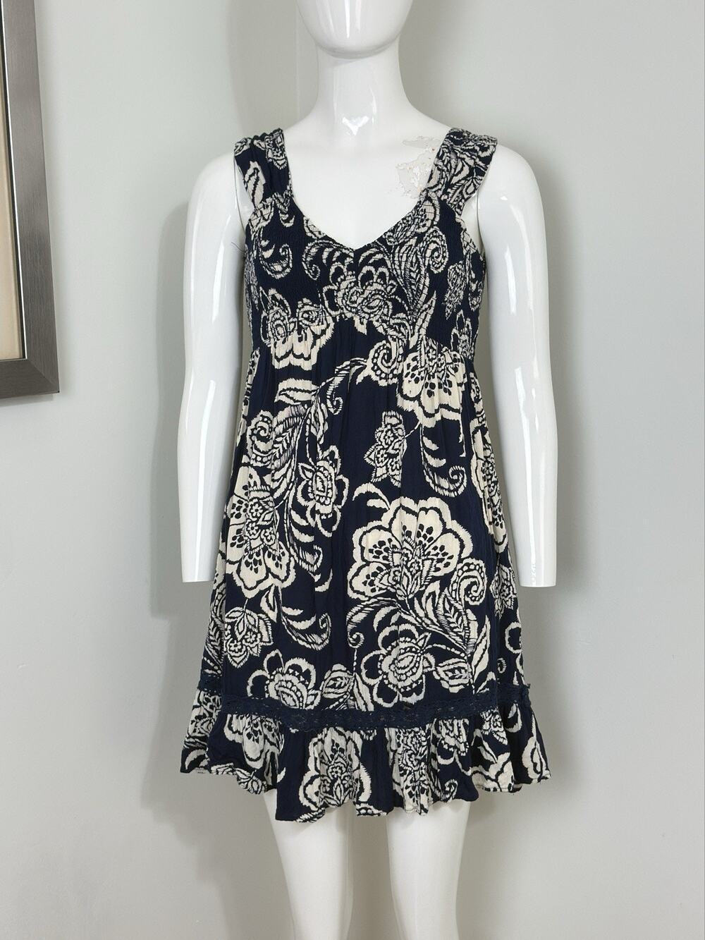 Angie Women’s Floral Boho Mini Dress V-Neck Peasant Cottagecore Sleeveless M